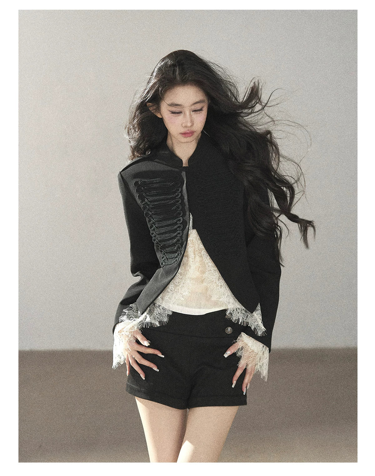 AOMALM - Black Lace Trim Cropped Jacket & Shorts Set