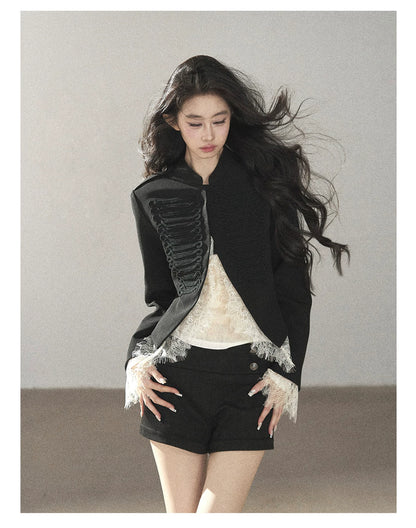AOMALM - Black Lace Trim Cropped Jacket & Shorts Set