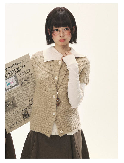 "Rice Knit" Wool-Blend Short Sleeve Knit Cardigan (Moss Coffee Green/ Dusk Dusty Pink)