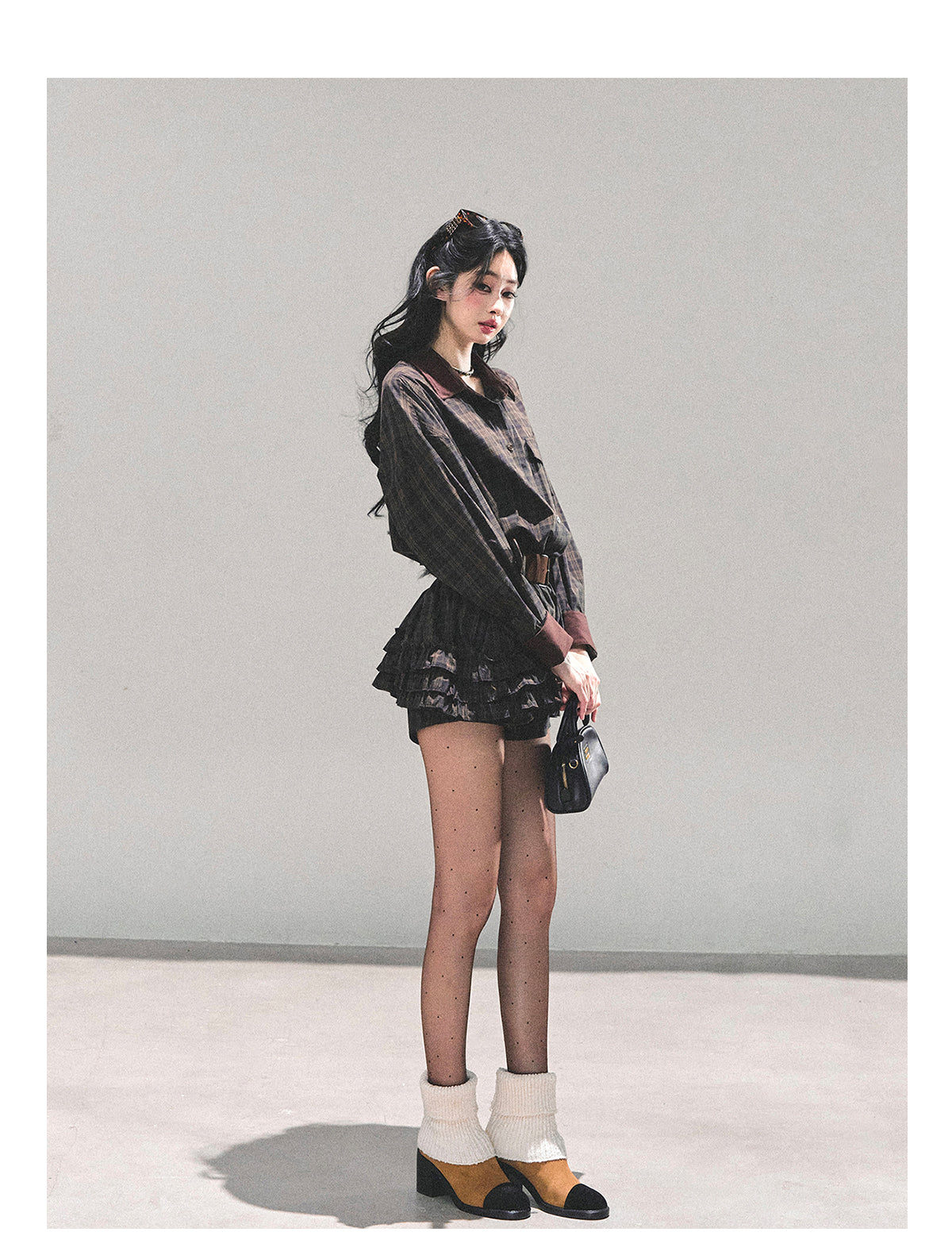 少也眼 “Trajectory of the Sunset” Plaid Polo Shirt Dress with Belt – Mocha Brown 7687648