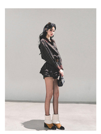 少也眼 “Trajectory of the Sunset” Plaid Polo Shirt Dress with Belt – Mocha Brown 7687648