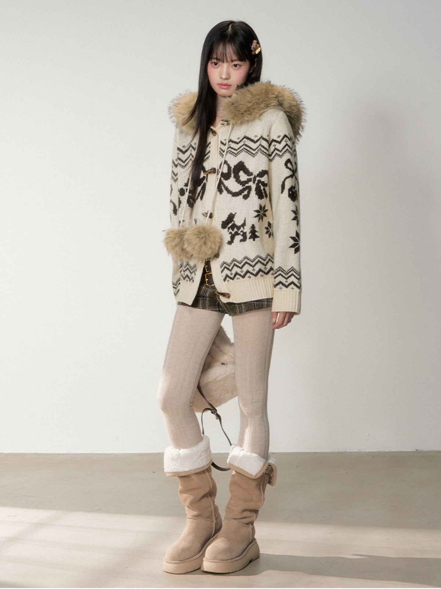 Soote Season - Fair Isle Cream Hooded Toggle Knit Jacket - Light Cream