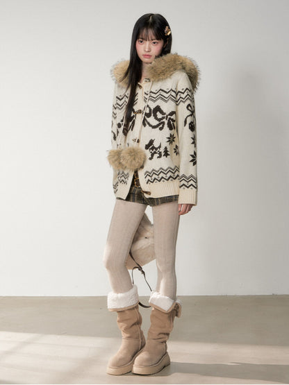 Soote Season - Fair Isle Cream Hooded Toggle Knit Jacket - Light Cream