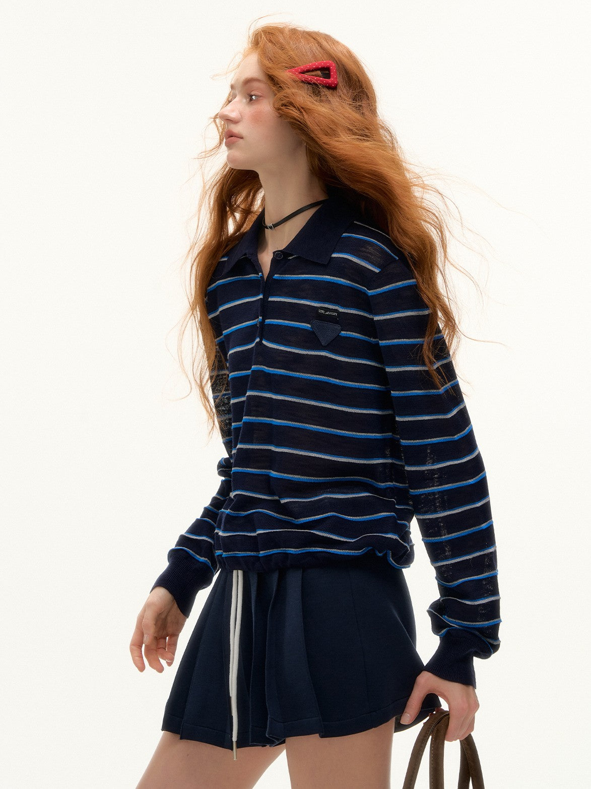 ASGONY - Drawstring Hem Striped Polo Knit (Navy Blue Stripe)