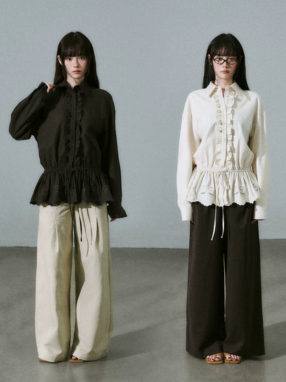 LOST FOREST - Natural Lyocell Cotton Laser-Embroidered Ruffle Shirt