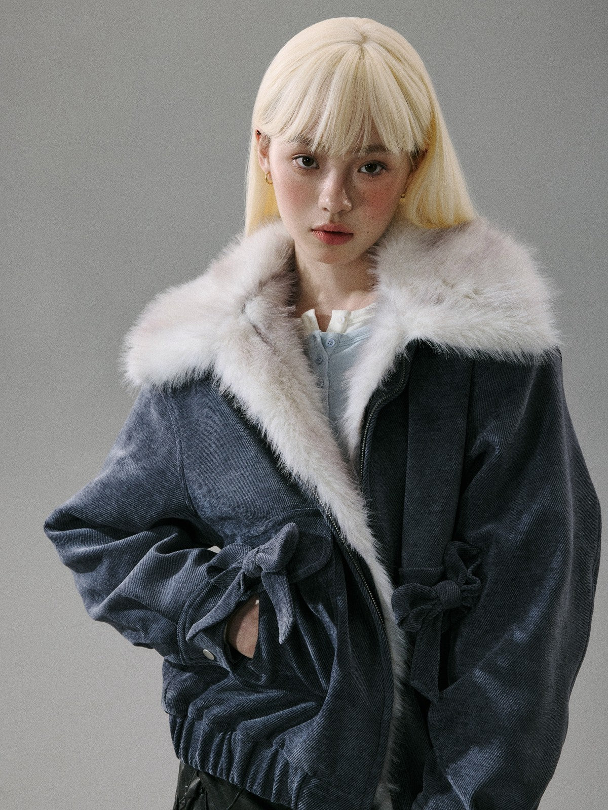 “Mist Lily Glow” Chenille Long-Fur Old Money Jacket - Gray-Blue 8002