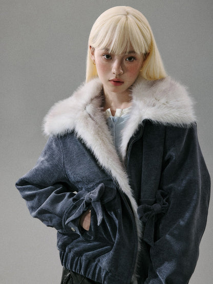 “Mist Lily Glow” Chenille Long-Fur Old Money Jacket - Gray-Blue 8002