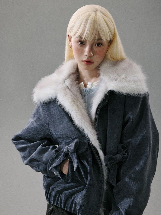 [LOST FOREST] “Mist Lily Glow” Chenille Long-Fur Old Money Jacket - Gray-Blue 8002