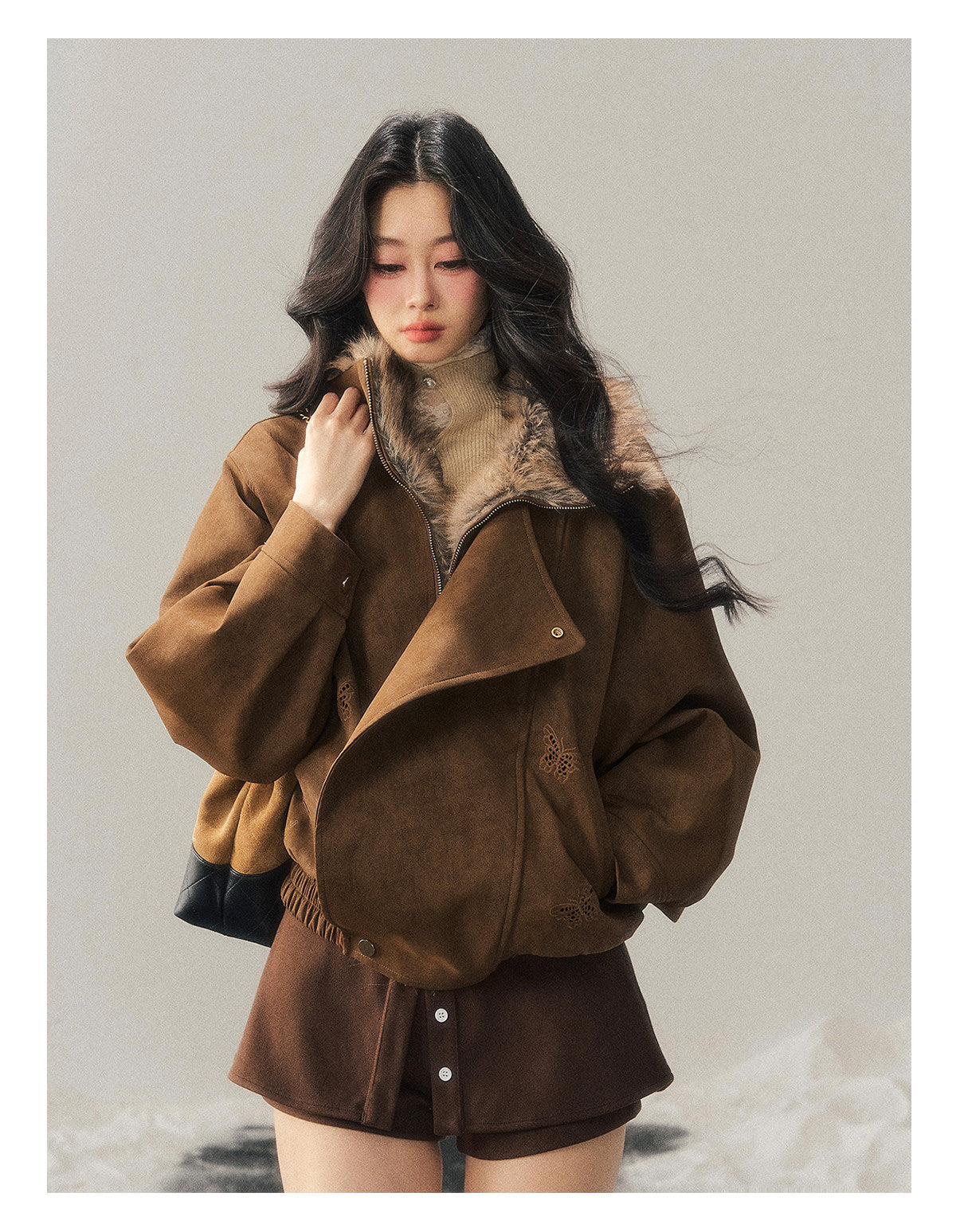 少也眼 "Cloud Veils Over the Mountains" Hepburn-Style Padded Faux Suede Butterfly Coat
