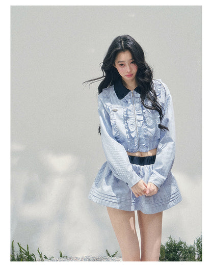“English Manor” Plaid Cropped Top & Bubble Mini Skirt Set