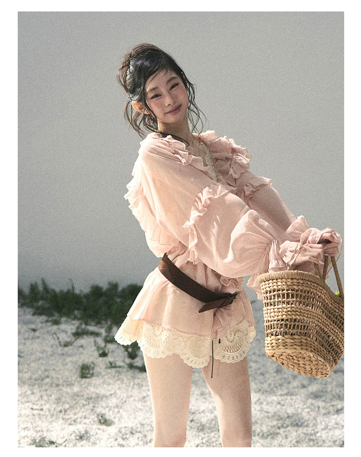 “Whispers of the Wind” Blush Pink Lace Chiffon Blouse (With Belt)
