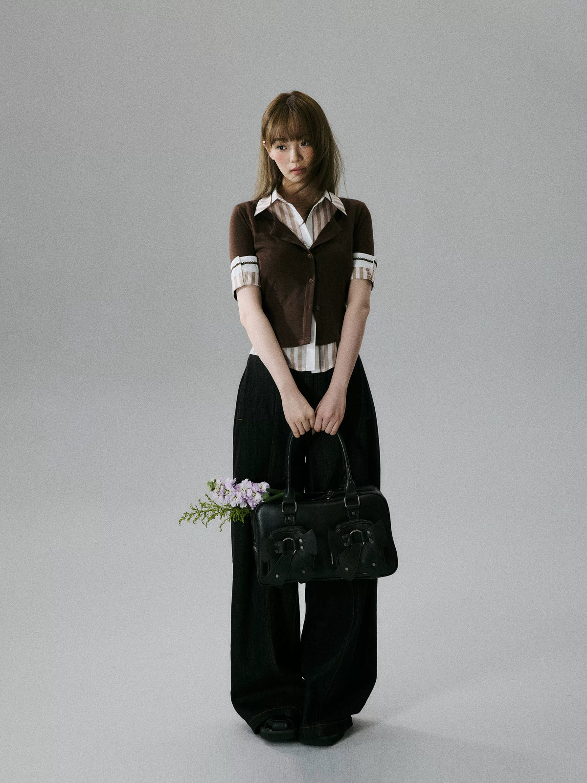 LOST FOREST - Brown & Pink Faux-Layered Lyocell Wool Top