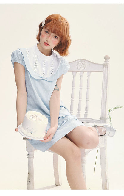"Sea Salt Fizz" Baby Blue Cutout Embroidered Peter Pan Collar Puff Sleeve A-Line Dress