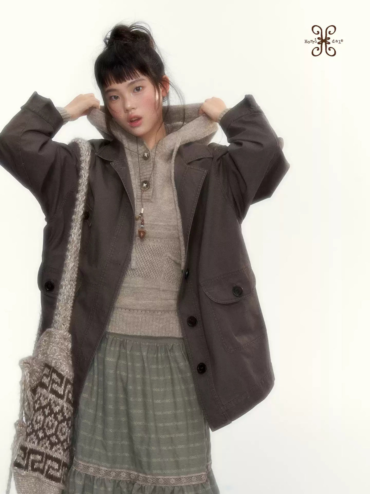 Oatmeal Ribbed-Hem Hooded Knit Sweater