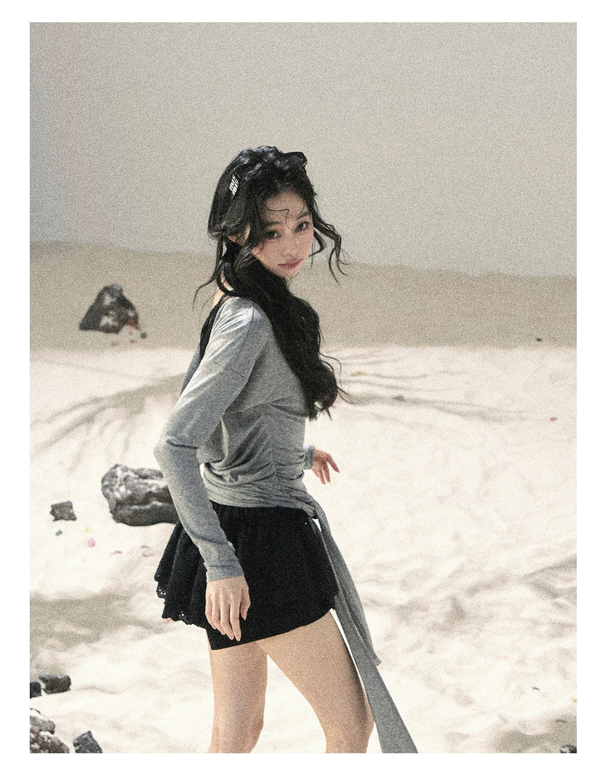 "Free Spirit" Moon Mist Gray Faux-Layer One-Shoulder Lace Top