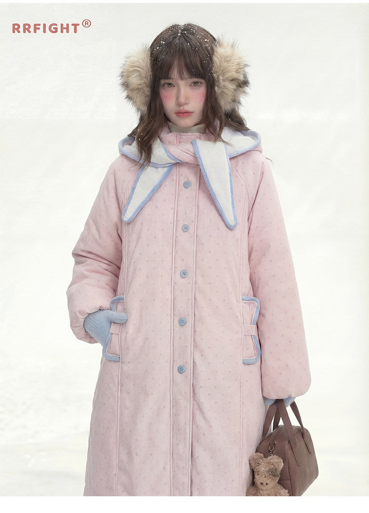 阮阮自制 - Berry Cream Pink Polka Dot Hooded Corduroy Padded Jacket