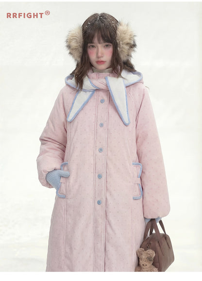 阮阮自制 - Berry Cream Pink Polka Dot Hooded Corduroy Padded Jacket