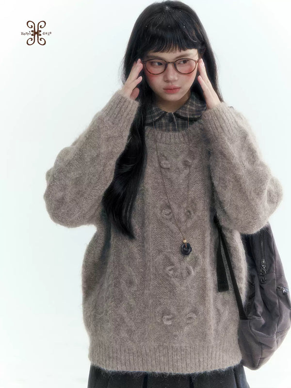 Horridale - Vintage Cable-Knit Heart-Texture Sweater – Smoky Gray