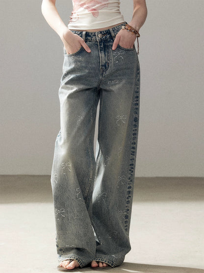 "Passing By the Sea" Vintage Blue Rhinestone Bow Wide-Leg Jeans
