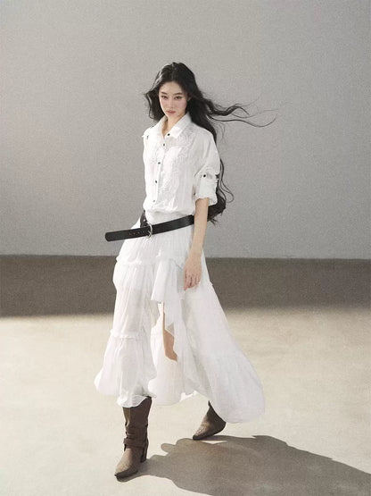 AOMALM - “Her Hemline” White Lace Shirt Dress with Belt