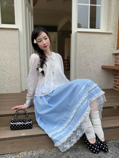 [RF] “Pure Lace” White Floral Jacquard Peter Pan Collar Puff-Sleeve Blouse