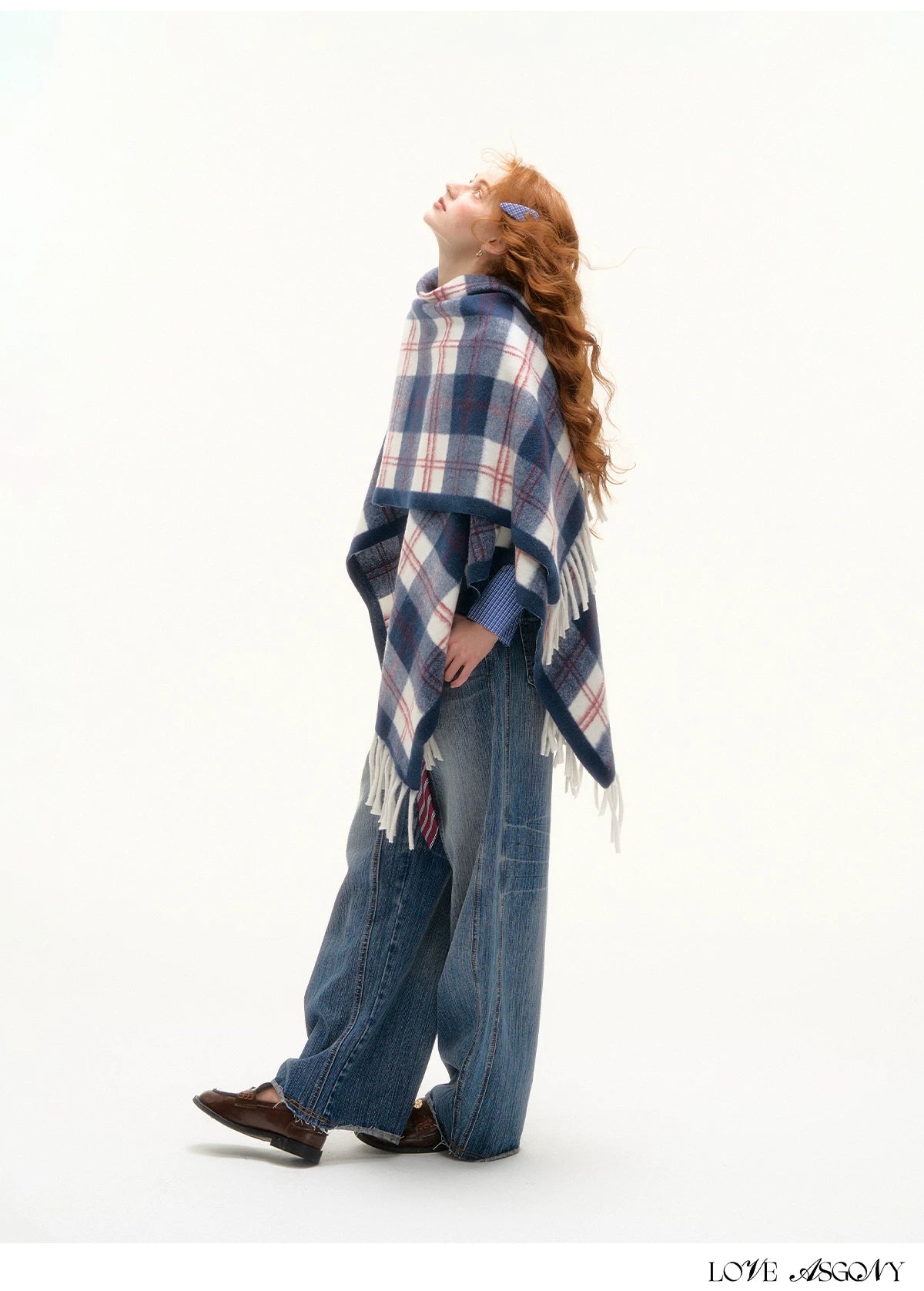 ASGONY - Navy Plaid Fringe Wrap Scarf