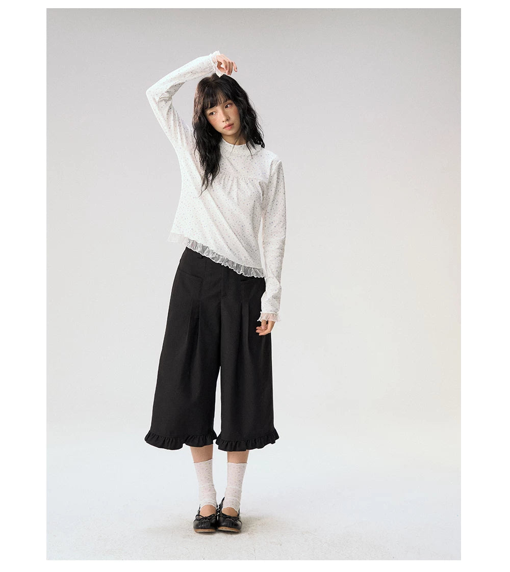 [CAN] "Double Dot Floral Raft" White Floral Lace-Trim Long Sleeve Top