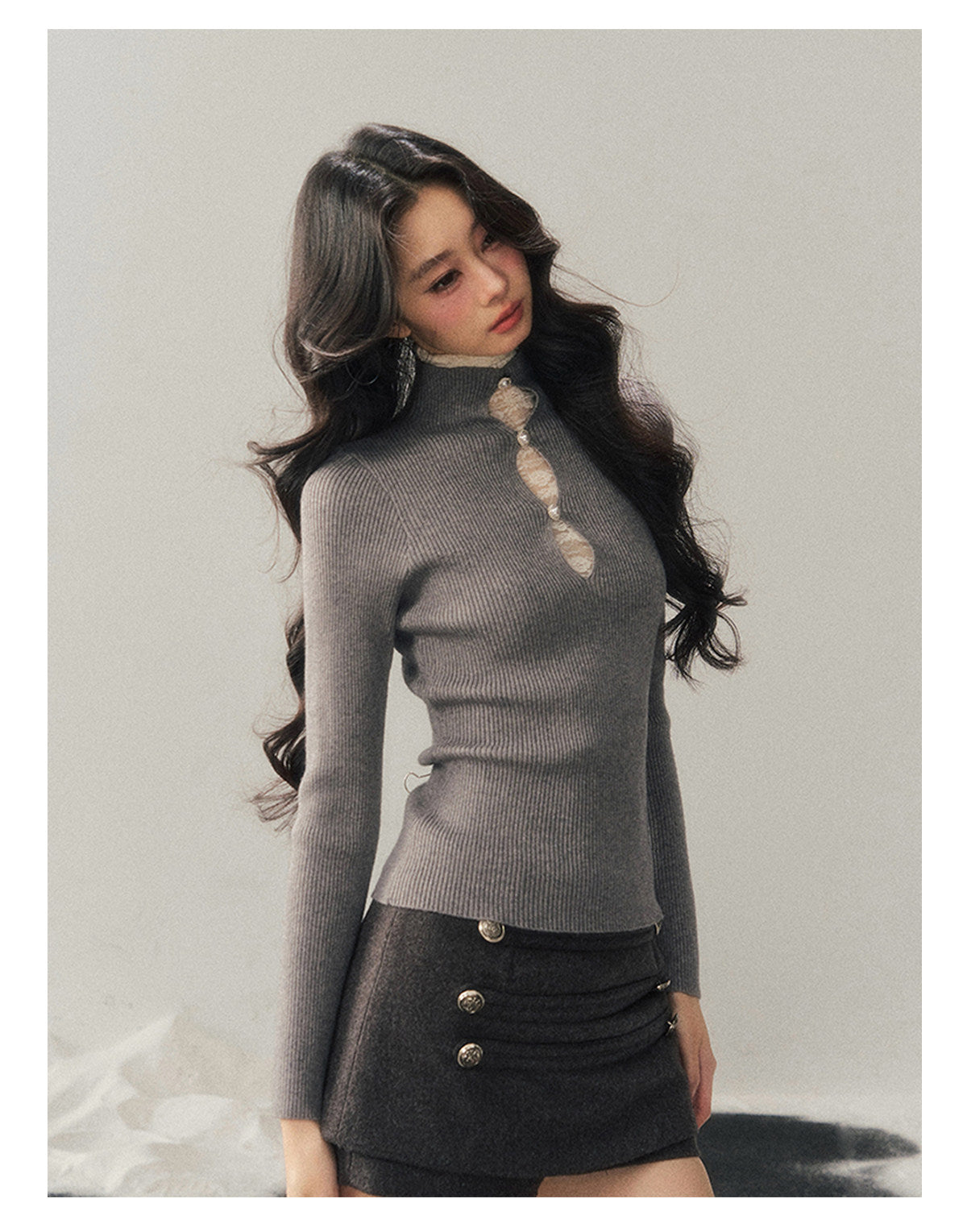 040126 "Lacewoven Dream" Mock Neck Layered Lace Knit Top - High-Intellect Gray