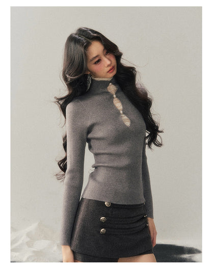 040126 "Lacewoven Dream" Mock Neck Layered Lace Knit Top - High-Intellect Gray