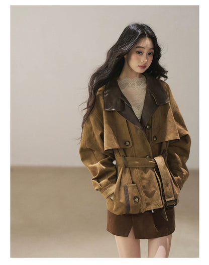 AOMALM - Chestnut Brown Faux-Suede Cropped Utility Coat with Belt