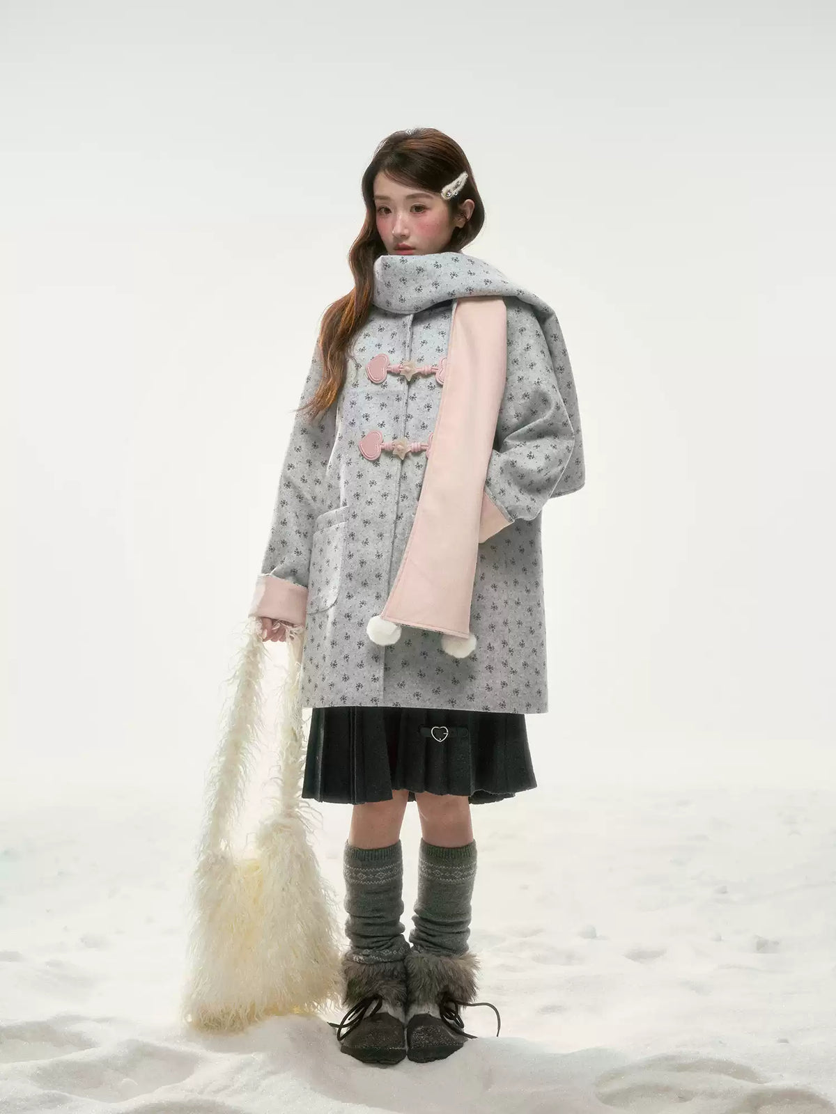 BIBIBENCY - Gray Floral Scarf-Trim Wool-Look Coat