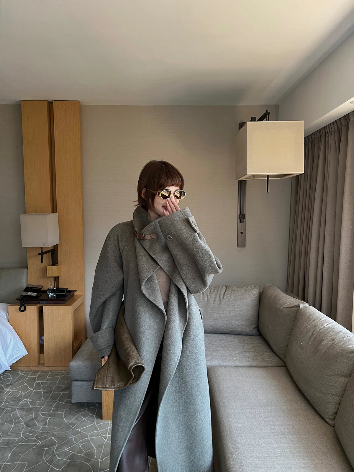QuQuOuYang - 100% Wool Double-Face Belted Coat with Convertible Collar