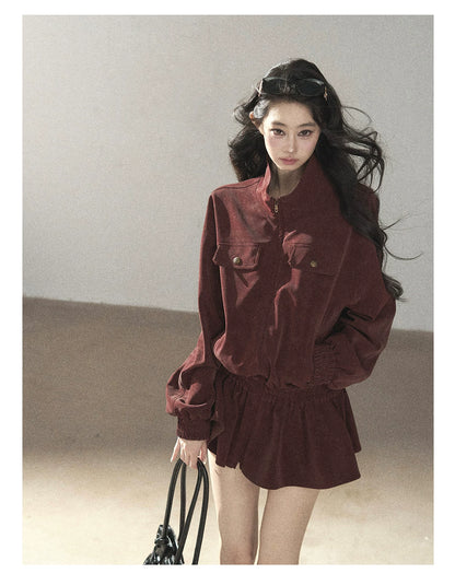 AOMALM - Burgundy PU Suede Jacket & A-Line Shorts Set