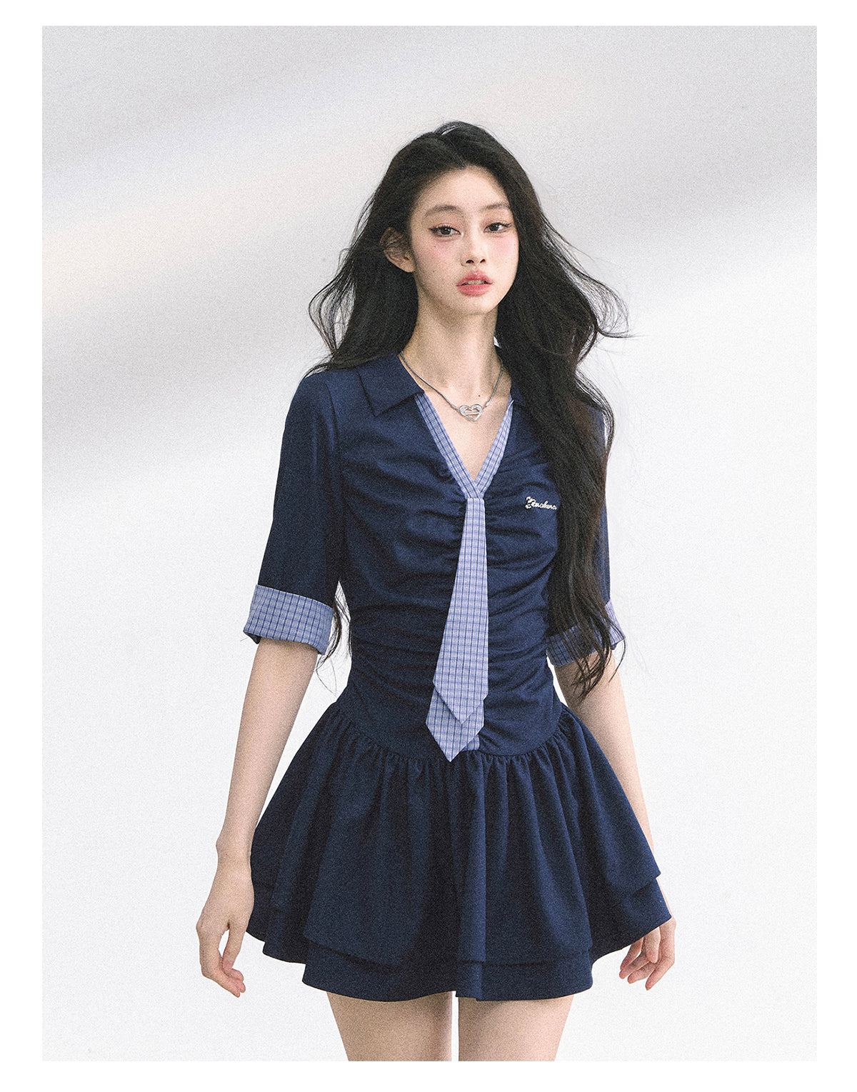 少也眼 "London Chronicle" Structured Plaid Puff-Sleeve Mini Shirt Dress - Navy Blue