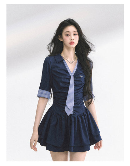 少也眼 "London Chronicle" Structured Plaid Puff-Sleeve Mini Shirt Dress - Navy Blue