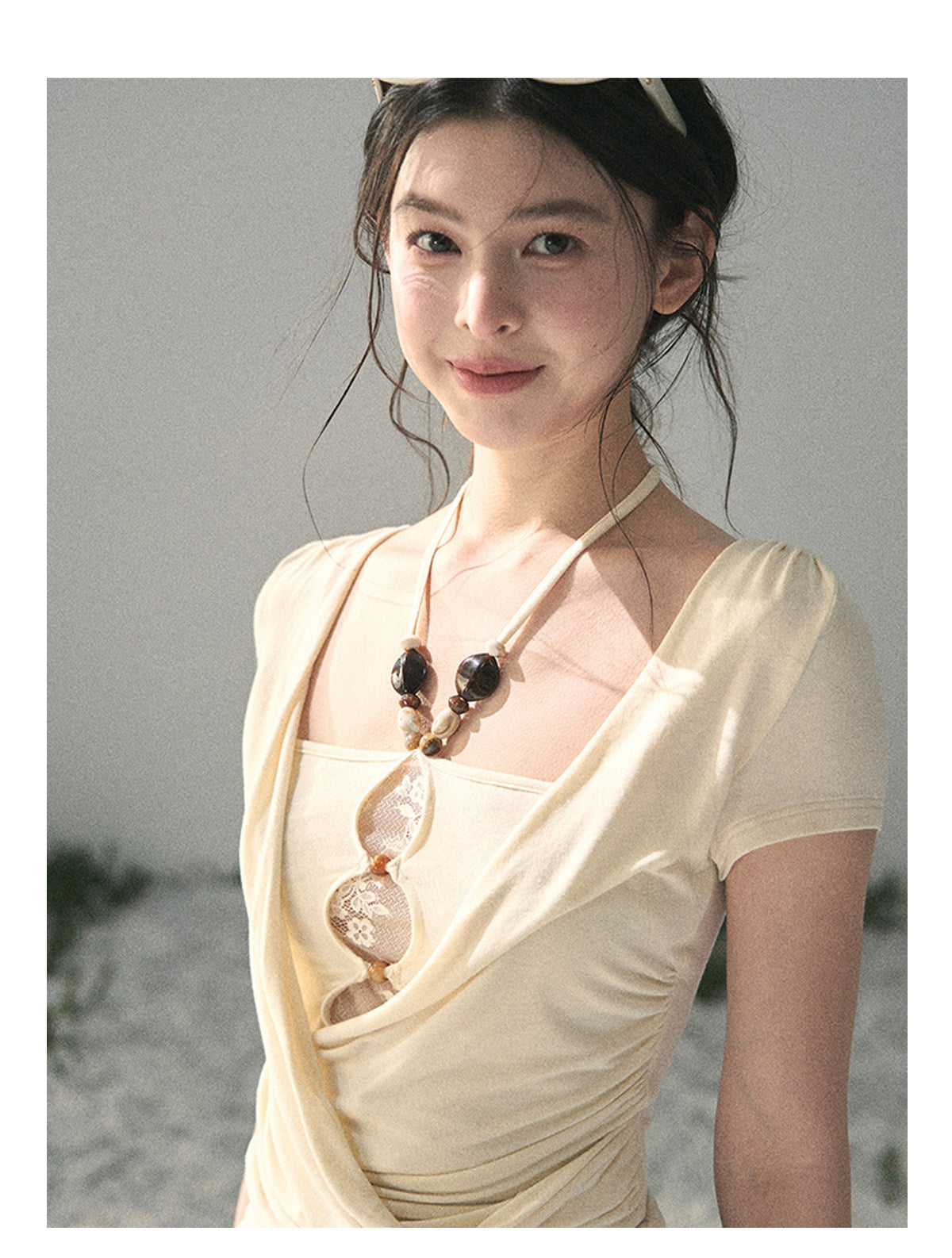 “Soft Veil Muse” Cream Apricot Layered Halter Lace Top
