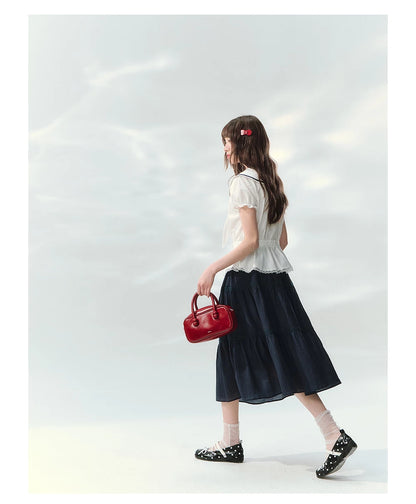 “Letter from Sea Isle” White & Navy Sailor Collar Blouse and Tiered Skirt Set