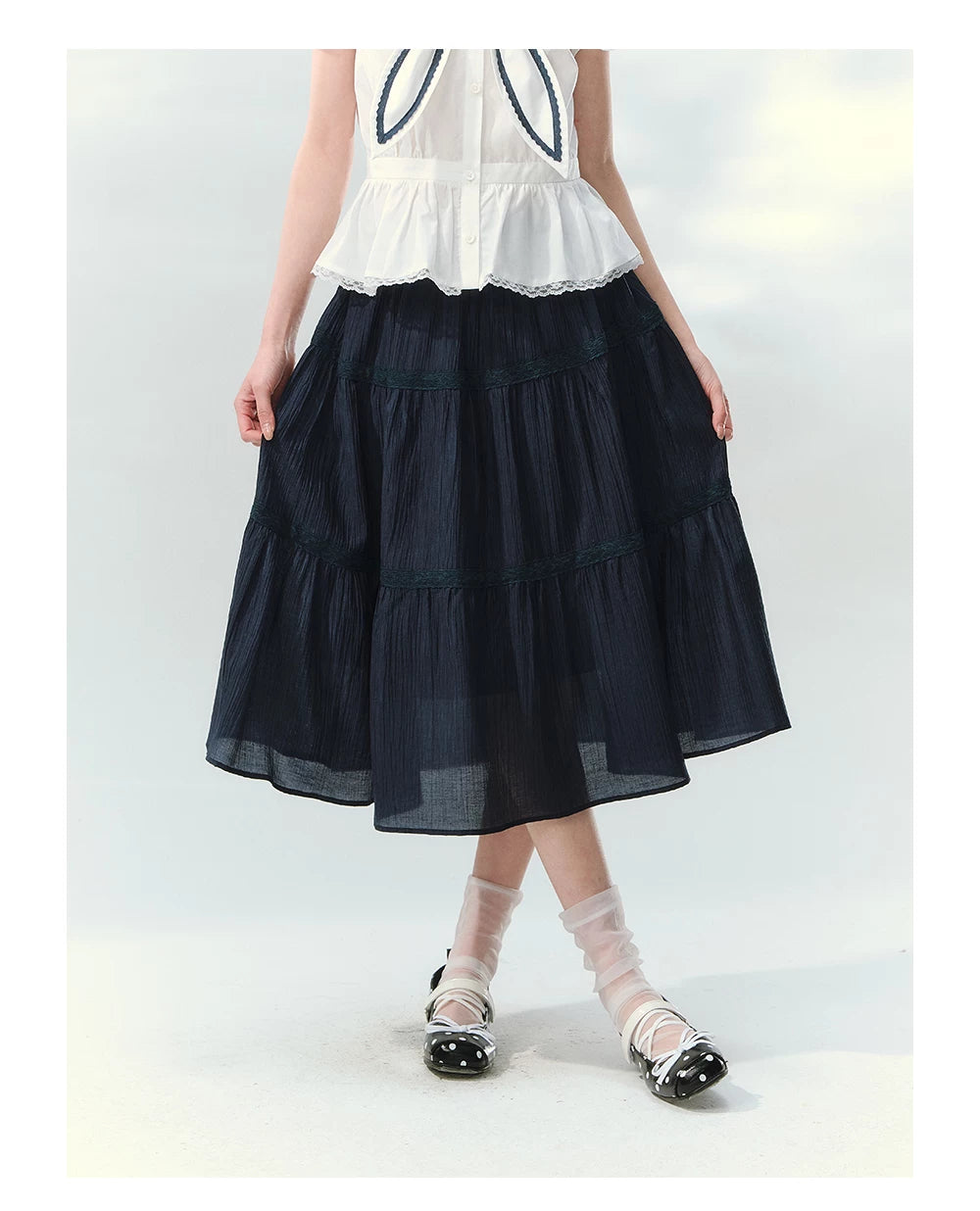 “Letter from Sea Isle” White & Navy Sailor Collar Blouse and Tiered Skirt Set