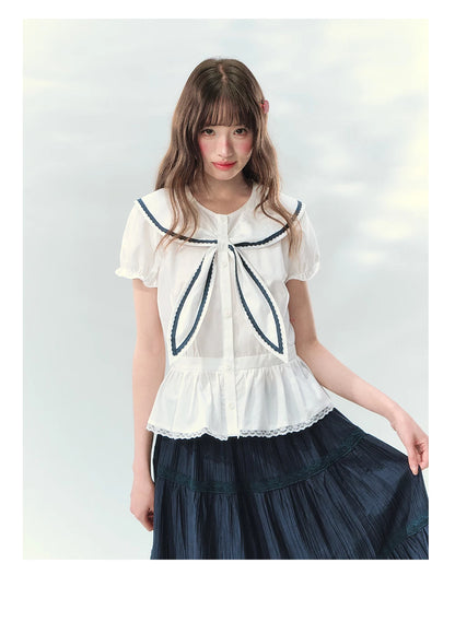 “Letter from Sea Isle” White & Navy Sailor Collar Blouse and Tiered Skirt Set