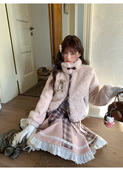 阮阮自制 - Love String Pink Plaid Wool Jacket & Mini Skirt Set
