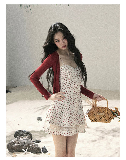 "Blooming Rose Reverie" Cloud White Floral Lace Mini Dress & Burgundy Wine Cardigan 56483
