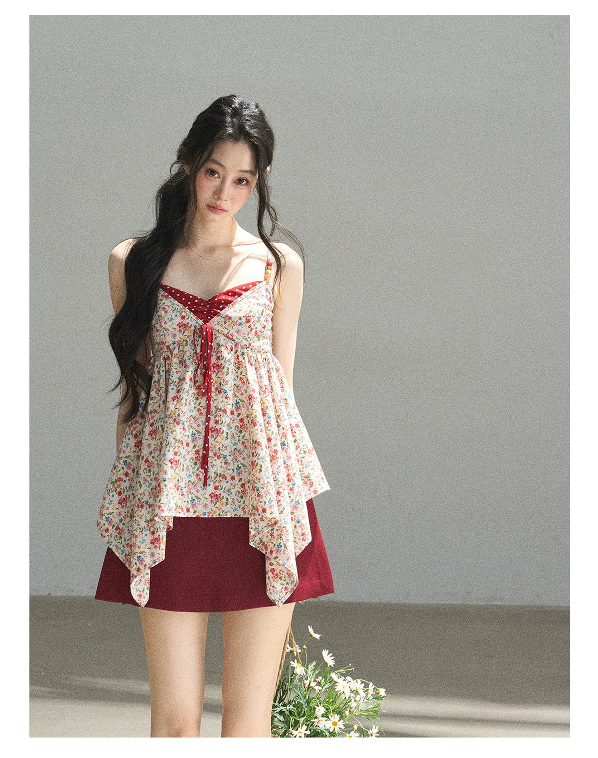 "Berry Petals" Dutch Cream Layered Floral Asymmetrical Peplum Top