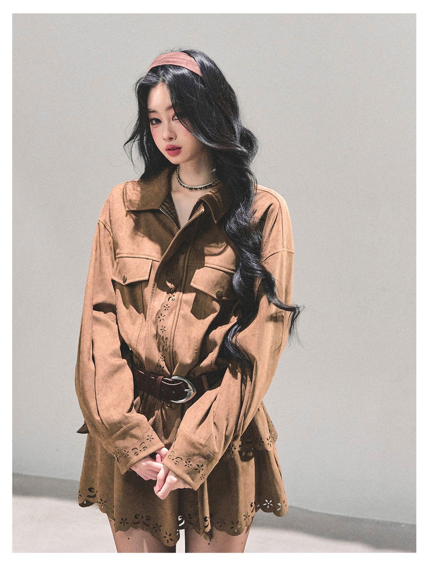 少也眼 "Rain on Wutong" – Brown Layered Dress (with Matching Belt)