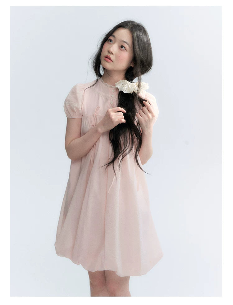 "Little Princess" Strawberry Pink Lace Bow Bubble Hem Midi Dress