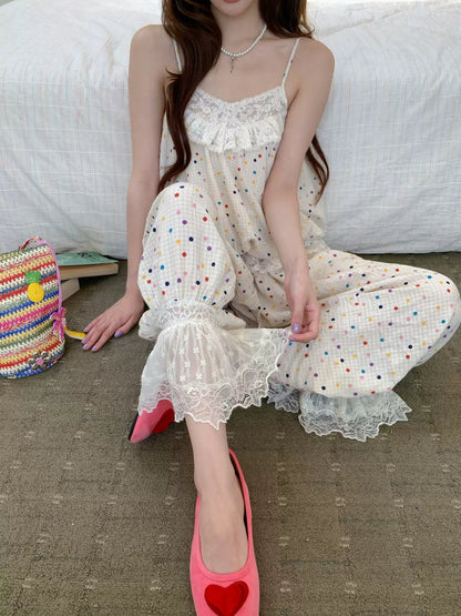 [RF] “Milk Cloud” Ivory Rainbow Polka Dot Bloom Pants Set