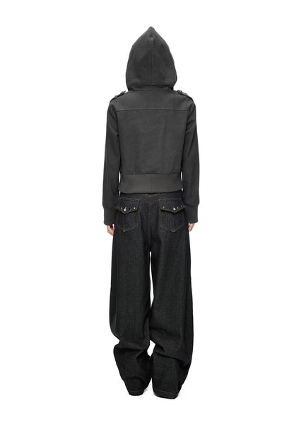EZEK | Cropped Hooded Sweatshirt Jacket with Double Metal Snap Closure (Black / Gray)