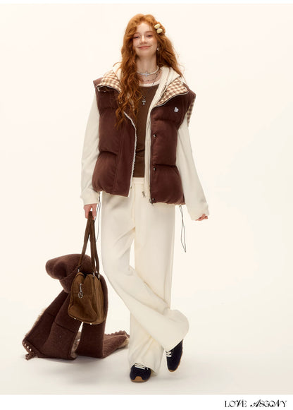 ASGONY - Reversible Plaid Lace-Trim Quilted Vest (Brown / Gray)