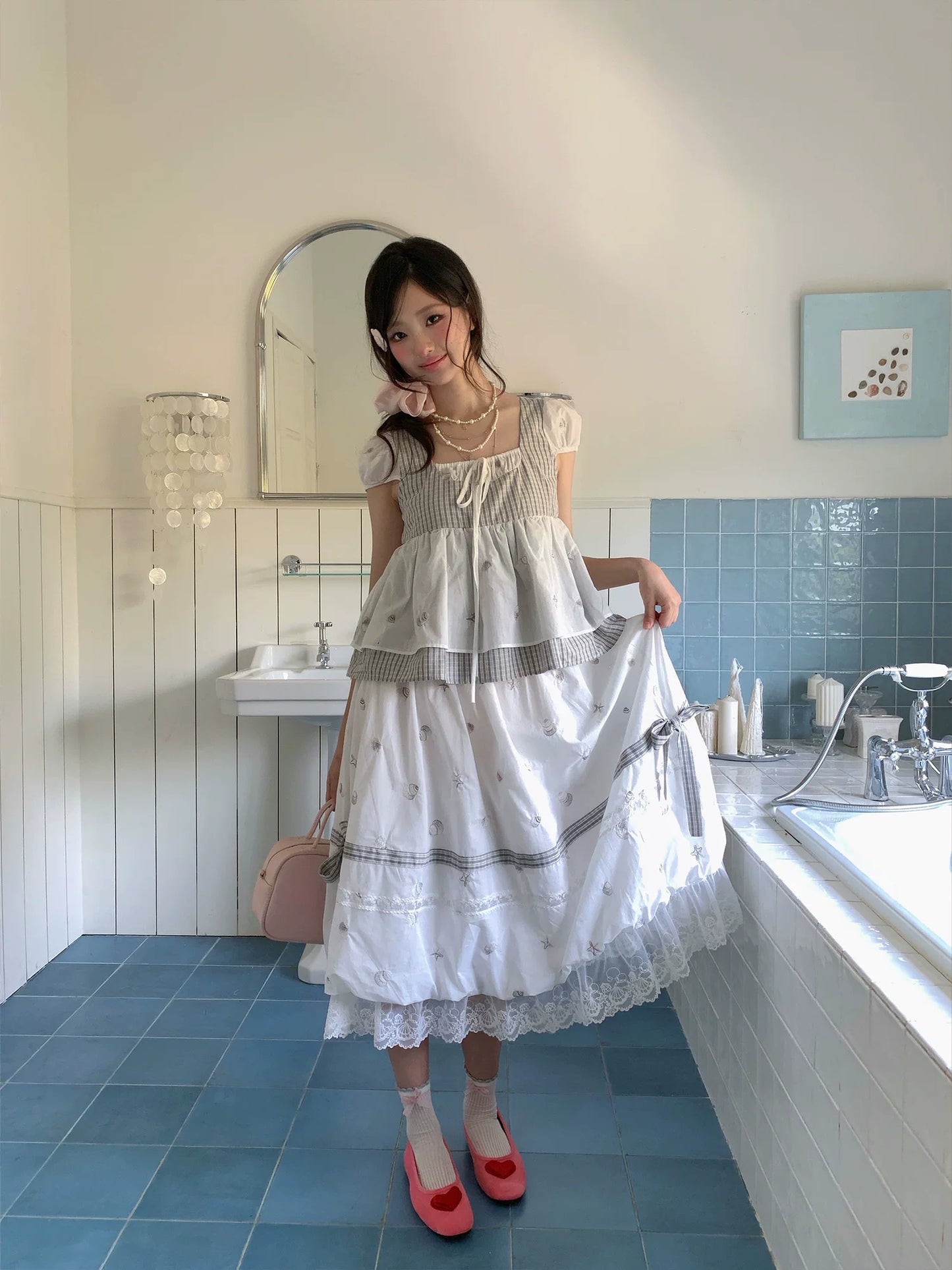 “Misty Isle White Tea” Grey White Polka Dot Skirt Set
