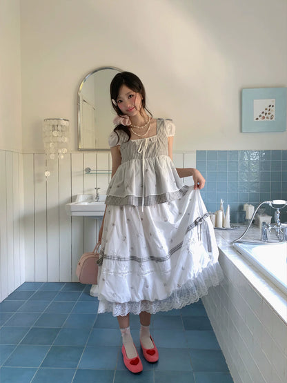 “Misty Isle White Tea” Grey White Polka Dot Skirt Set
