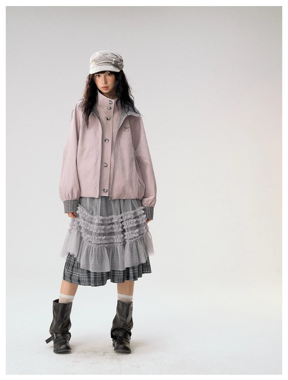 [CAN] "Lavender Plaid Notes" Dusty Purple Plaid Double Collar Cropped Jacket
